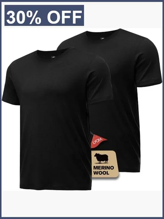 Merino Wool Men's Undershirt 2 Pack Moisture Wicking Lightweight Crewneck