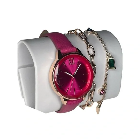 NIB Pink Gold Tone Watch Bracelet 3pc Set  Faux Leather Elegant Fashion Stylish