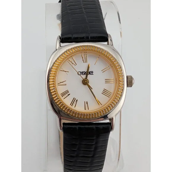 Vintage Cherokee Watch Women‎ 23mm Silver Case Black Leather Band- New Battery