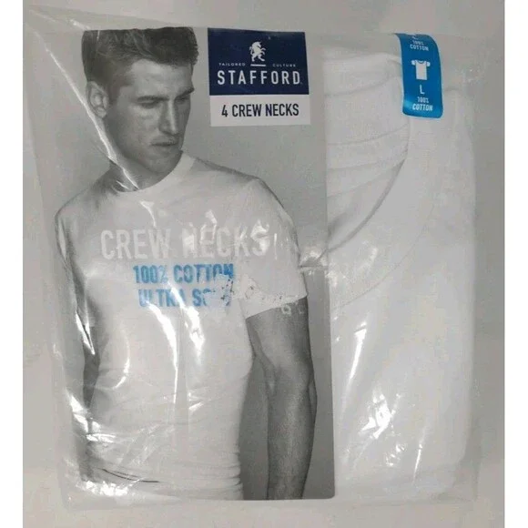 Stafford JCP Large 4 Crew Neck T-Shirts 100% Cotton Ultra Soft NOS Open Package