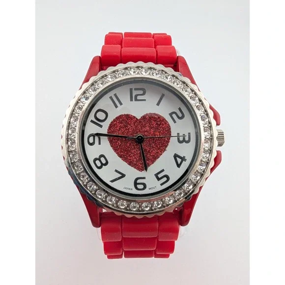 Geneva Platinum‎ Heart Dial Watch Women 38mm Case Red Silicone Band- New Battery