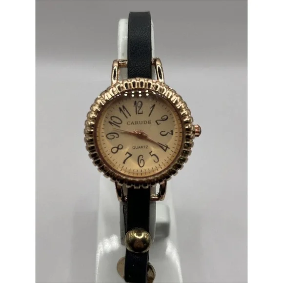 Carude Women's Quartz Wrap Watch Black‎ Band Rose Gold Case- New Battery