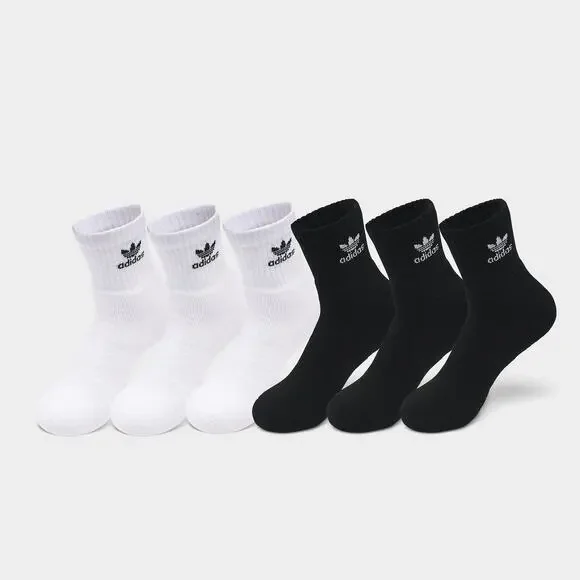 6 Pack Men's Adidas Originals Trefoil Quarter Socks Size Large - Black & White