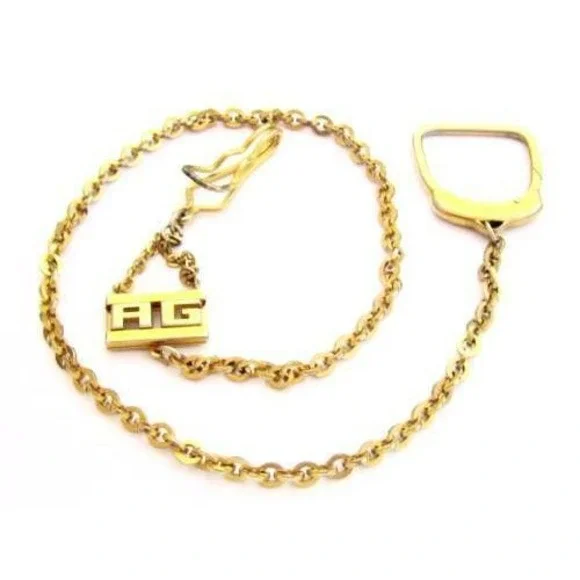 Antique Pocket Watch Chain Monogram AG‎ Initials Gold Plated w/ Keychain + Clip