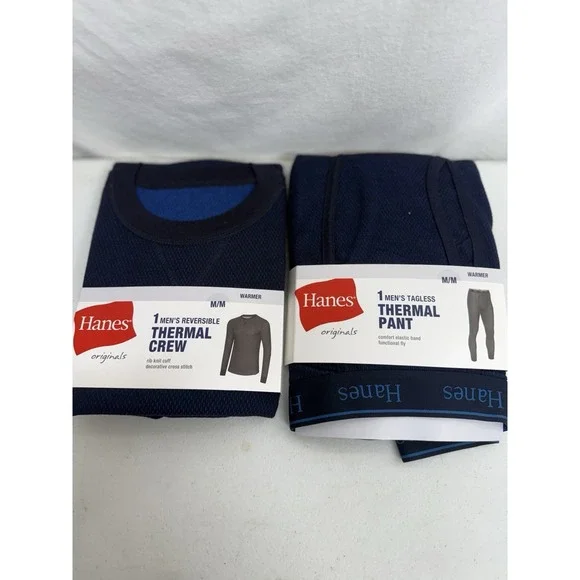 Hanes Men's Blue  Reversible Thermal Crew And Thermal Pants Size Medium