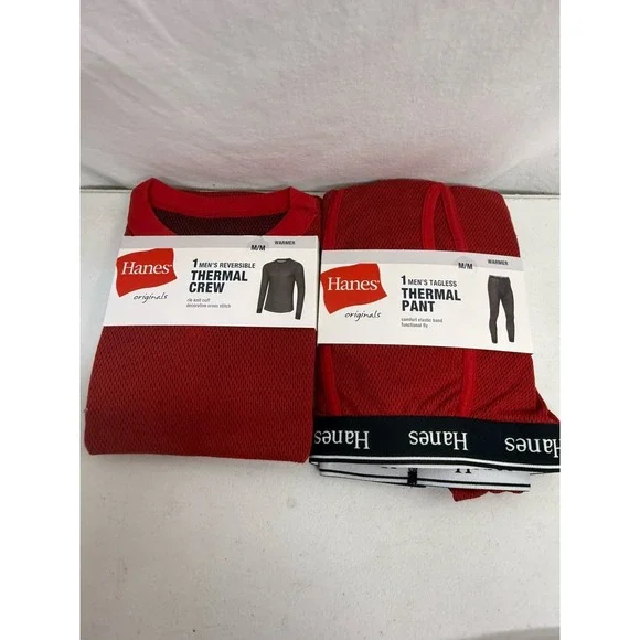 Hanes Men's Red  Reversible Thermal Crew And Thermal Pants Size Medium