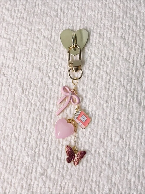 Gold Heart Clip Keychain with Pink Charms - Bow, Heart, Book, Butterfly