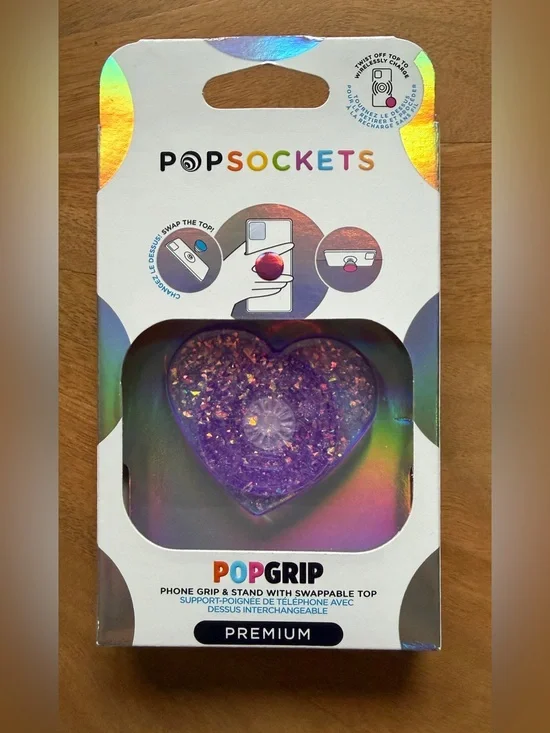 PopSocket PopGrip Heart Phone Grip in Pink/Purple Glitter