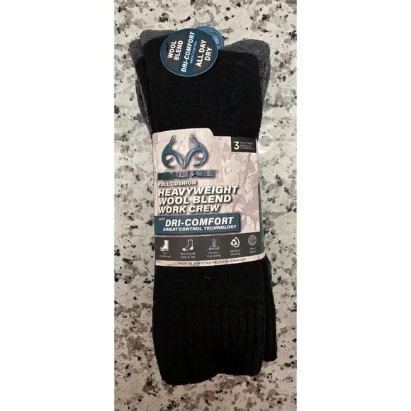 Realtree 3 Pair Heavyweight Wool Blend Work Crew Socks‎ Mens 6-12