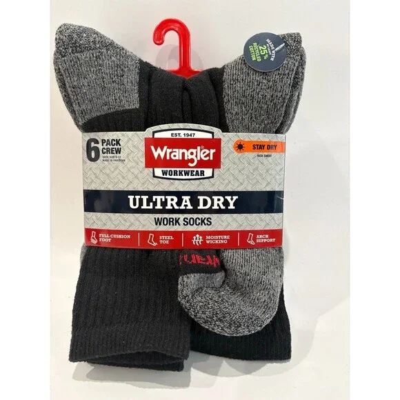 Wrangler Workwear Ultra Dry Crew Work Socks 6 Pack Black Gray Size 6-12 NWT