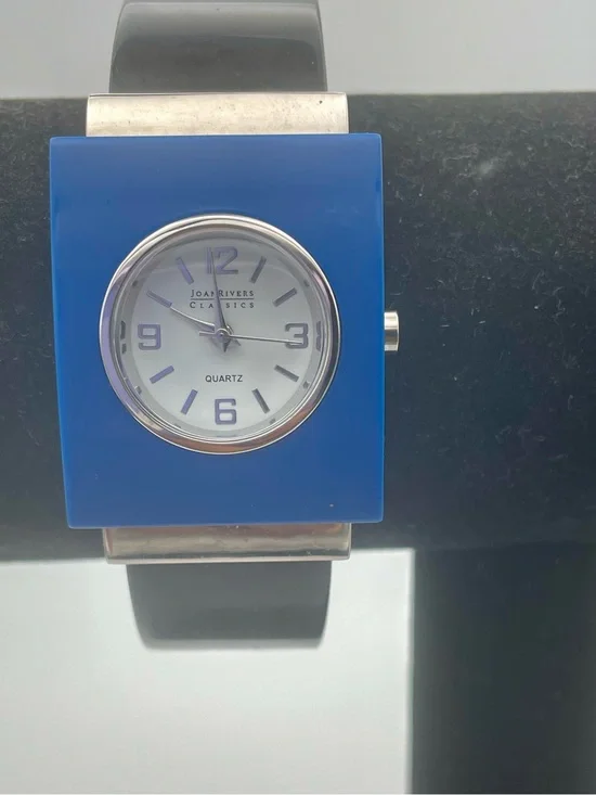 Joan Rivers Classic Blue Acrylic Square Dial Quartz Watch w/Black Clamper Band