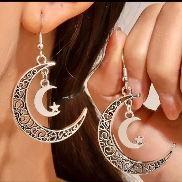 Silver Crescent Moon & Star Dangle Earrings - Women Jewelry
