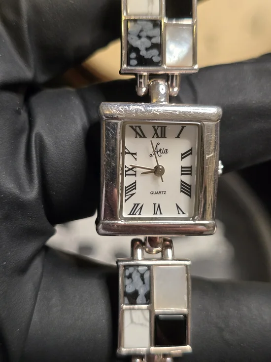 Ladies' Aria Sterling Silver Tank Watch - Mother or Pearl & Onyx Checkered Band