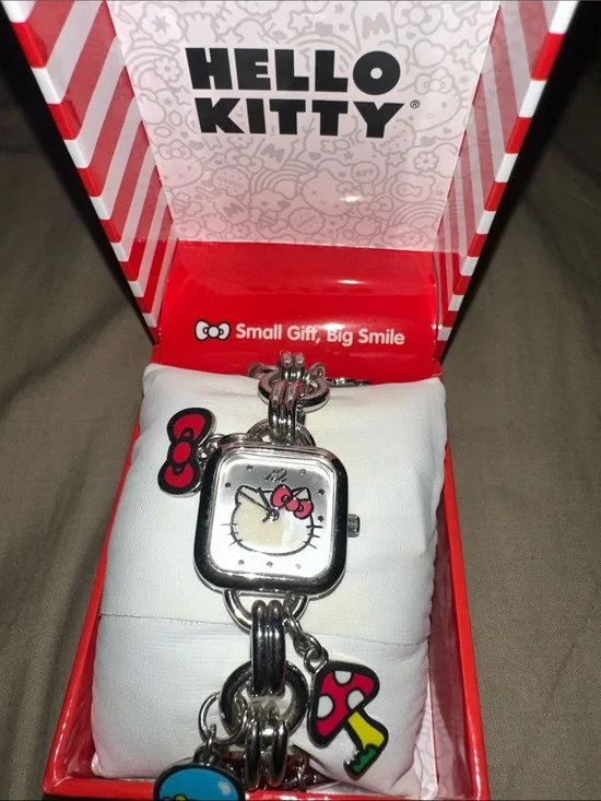 Hello Kitty Silver Charm Bracelet Watch with Red and Pink Accents