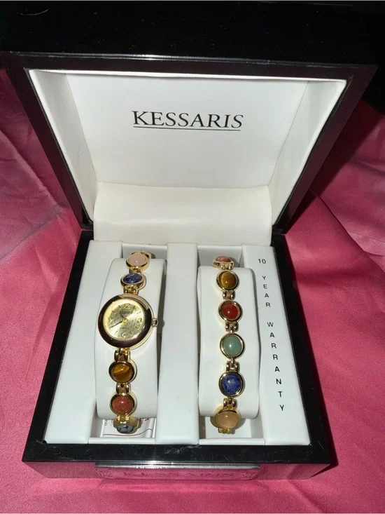 Kessaris Women’s Gold Multi-Color Stone Watch and Bracelet Set