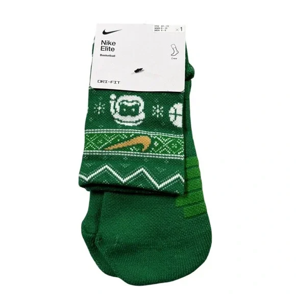 Nike Elite Basketball Crew Socks W 6-10 M 6-8 Green Ugly Christmas Sweater