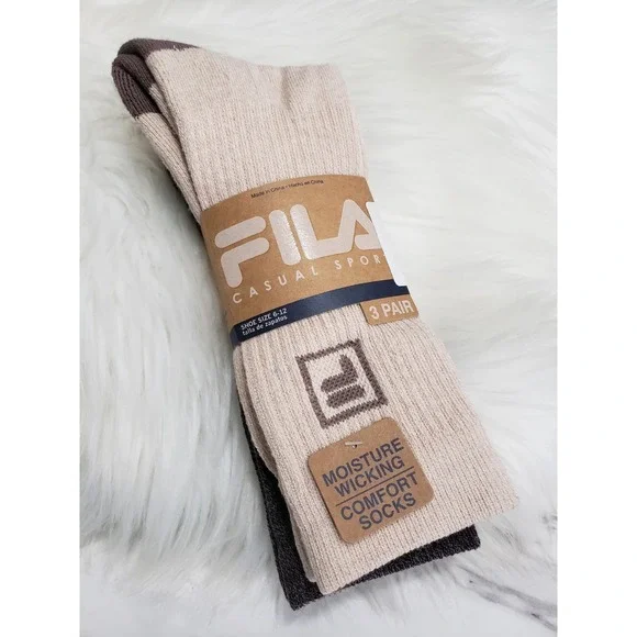 NEW FILA 3 PACK NEUTRAL CREW CUT SPORT SOCKS MOISTURE WICKING 6-12 MEN TAN BROWN
