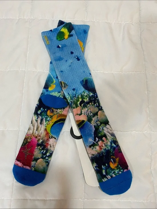 Unbranded Blue Tropical Reef Crew Socks - Ocean Fish Print