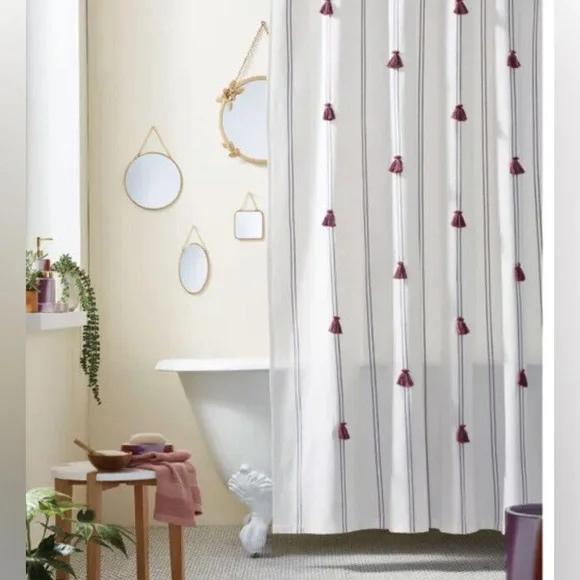 Wild Sage white cotton shower curtain with purple stripes and Pom Poms