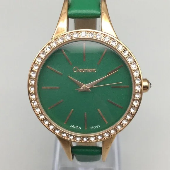 Chaumont Womens Watch 36mm Green Dial Crystal Bezel Dress Leather New Battery
