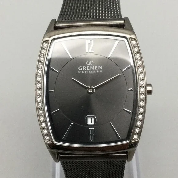 Grenen Denmark Womens Watch 28mm Gray Mesh Steel Crystal Bezel Date New Battery