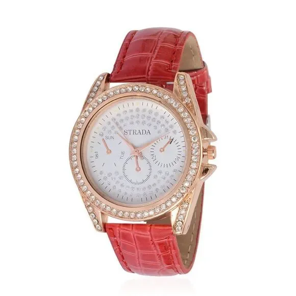 STRADA Watch Austrian Crystal Faux Leather Band