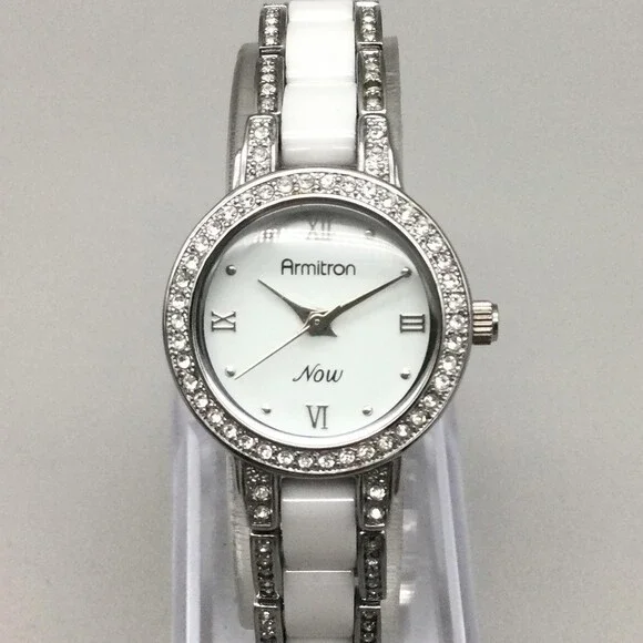 Armitron Now Womens Watch 24mm Crystal Bezel White Ceramic Band New Battery 6.5