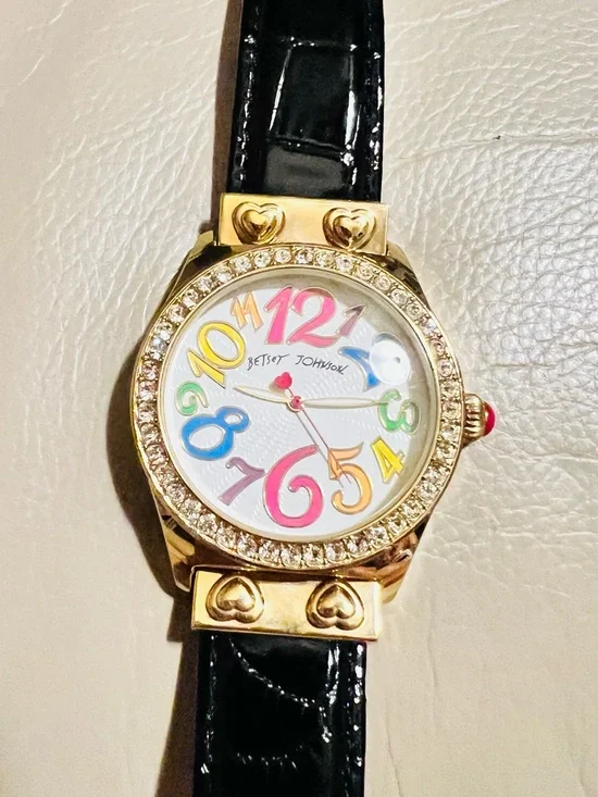 Betsey Johnson Gold-Tone Watch with Multicolor Numerals and Black Strap