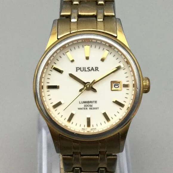 Pulsar Lumbrite Womens Watch 26mm Gold Tone VX82-X386 Date Battery