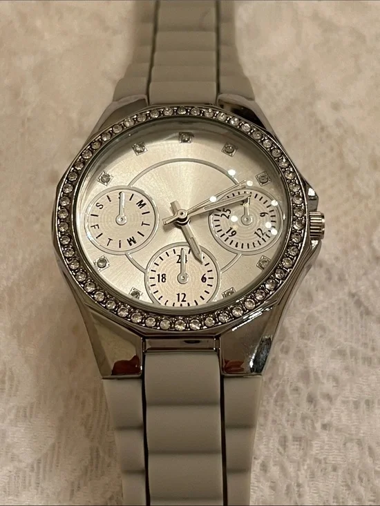 Ladies Grey and Crystal-Accent Chronograph Watch