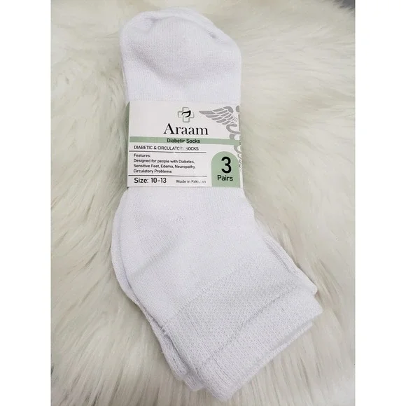 NEW Araam 3-Pair Diabetic & Circulatory Ankle Socks White size 10 - 13