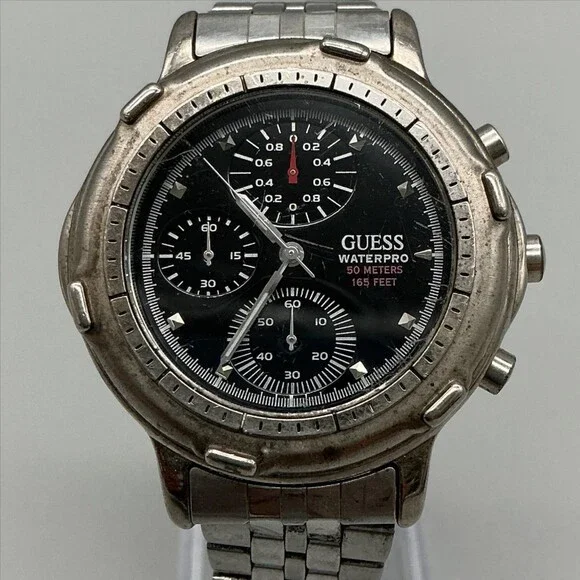 Vtg Guess Waterpro Mens Watch 40mm Black Dial Stainless Chrono New Battery 6.75