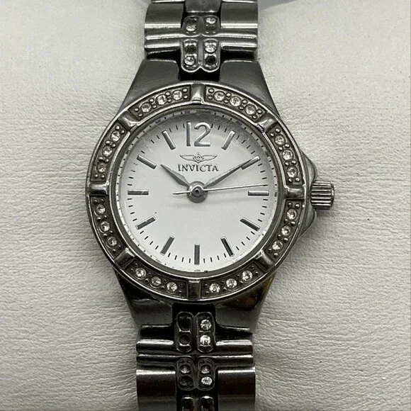 Invicta Womens Watch 22mm White Dial Silver Tone Crystals New Battery 6.5