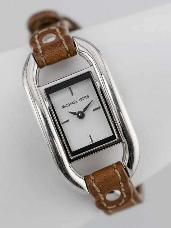 Michael Kors MK2161 Silver Brown Leather Quartz Analog Women's Watch New Battery