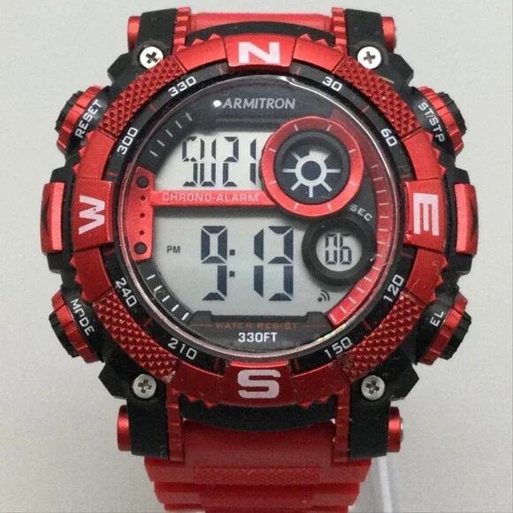 Armitron Pro Sport Mens Watch 53mm Gray Digital Backlight Red Resin Alarm 100M