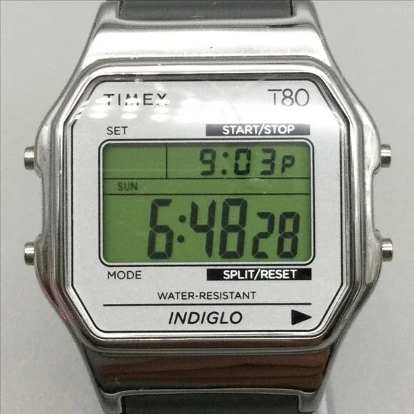 Timex T80 Mens Watch 35mm Green Digital Black Resin Indiglo Alarm Chronograph