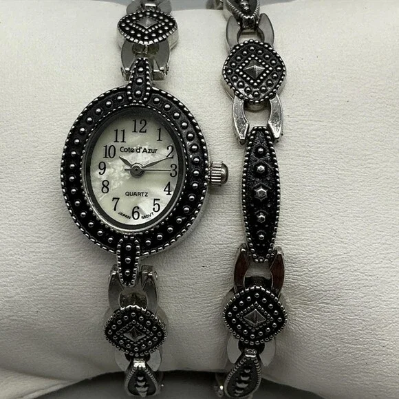 Cote D' Azur Womens Watch 19mm MOP Dial Silver Tone Marcasite New Battery 7.75