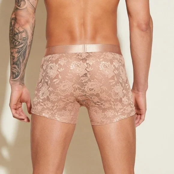 Cosabella Mens Never Say Never Lace Boxer Briefs Tan Floral Metallic Waistband