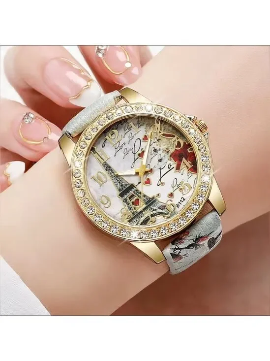 Elegant High Fashion Women’s Quartz Gold and Gray Eiffel Tower Love Watch Grey