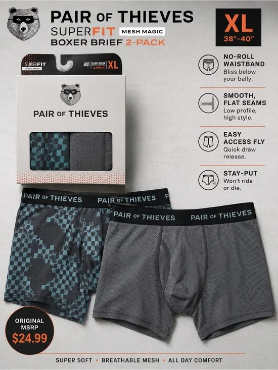 Pair of Thieves SuperFit Mesh Boxer Brief 2-Pack - Gray & Teal - XL