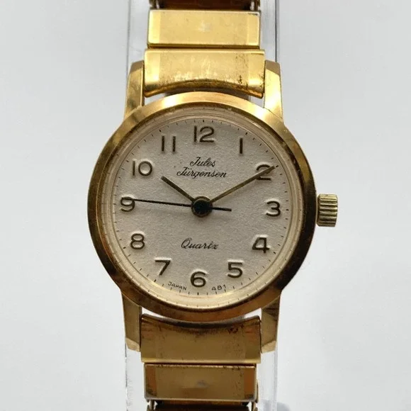 Vtg Jules Jurgensen Women's Watch 21mm Gold Tone Stretch New Battery SMALL 5.75