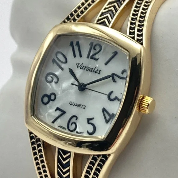 Varsales Women's Watch Gold Tone Cuff MOP Dial Textured Band New Battery 6.75