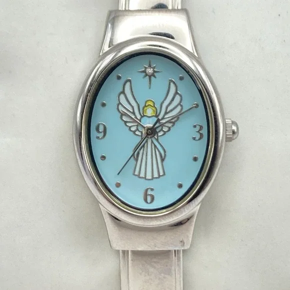 Angel Women's Watch Silver Tone Blue Oval Cuff Christian 23mm New Battery 6.25