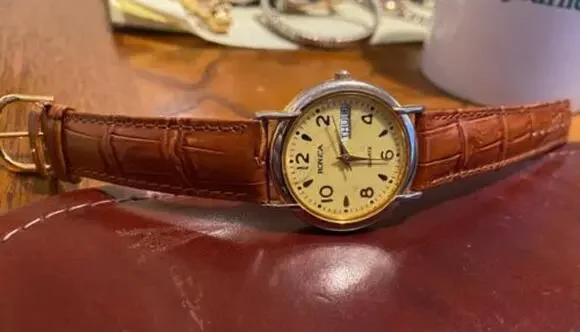 Women's 34mm Ronica Gold Tone Watch, Day/Date, Brown Band