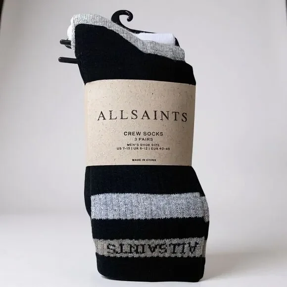 AllSaints Crew Socks 3 Pack Black & White Logo Stripe Cotton Socks Men’s 7–13