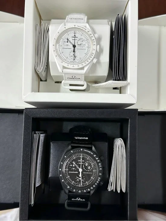 Swatch Omega MoonSwatch White and Black Chronograph Watch Set