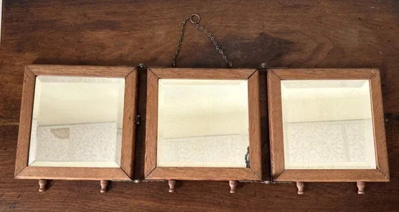 Antique Victorian Oak Tri Fold Shaving Travel Mirror Beveled Glass 23