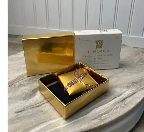 Estee Lauder Pink Ribbon Compact 2002 Powder Gold Crystal Vintage
