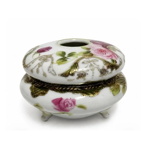 Antique Hand Painted Nippon Hair Receiver Pink Roses Gold Gilt 3 Footed Japan