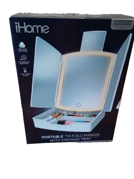 iHome Tri-Fold Lighted Vanity MakeUp Mirror with Storage Tray